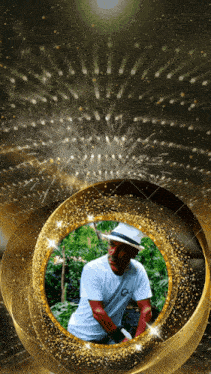 a picture of a man in a hat is surrounded by gold circles
