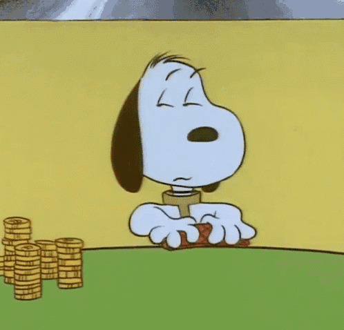 a cartoon of snoopy playing a game of poker with stacks of coins in the background