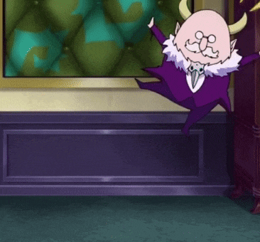 a cartoon character in a purple suit and horns is jumping in the air .
