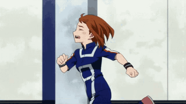 a girl in a blue uniform is running in a hallway .