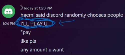 a screenshot of a discord conversation where haemi said discord randomly chooses people and i 'll play u