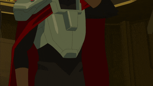a cartoon character with a red cape and a red button on his arm