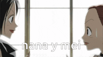 a couple of anime characters standing next to each other with the words nana y mei on the bottom
