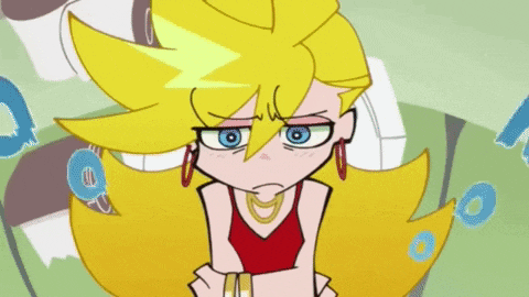 a cartoon character with blonde hair and blue eyes looks sad