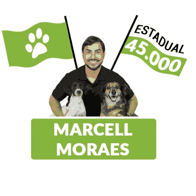 a man and two dogs are behind a sign that says marcel moraes