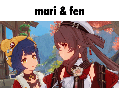 two anime girls are standing next to each other with the words mari & fen below them