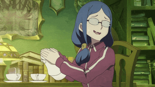 a woman with blue hair and glasses is holding a teapot