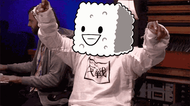 a person wearing a white shirt with a cartoon character on it