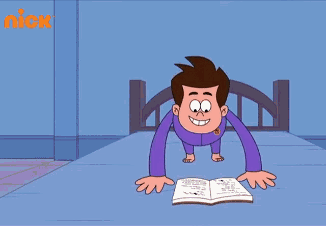 a cartoon of a boy reading a book with the nick logo in the background