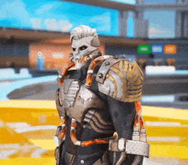 a video game character has a skull mask on his head