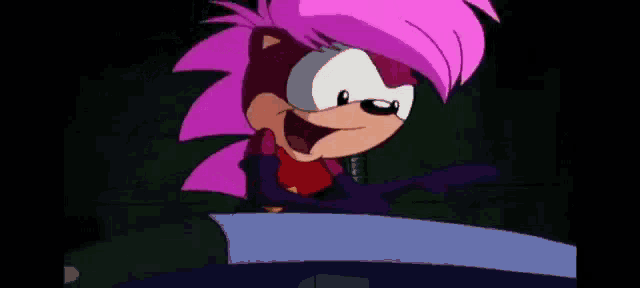 a cartoon of a hedgehog with purple hair and a sword .
