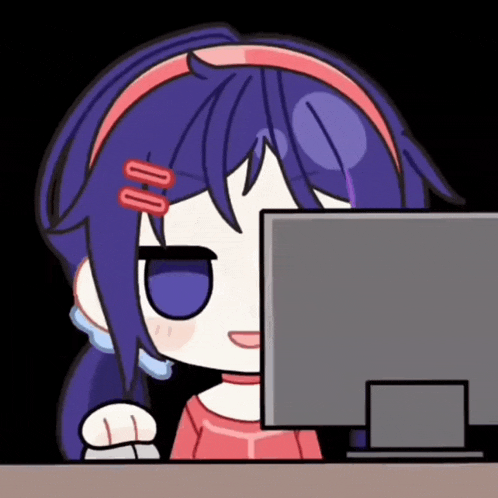 a girl with purple hair is sitting in front of a computer screen