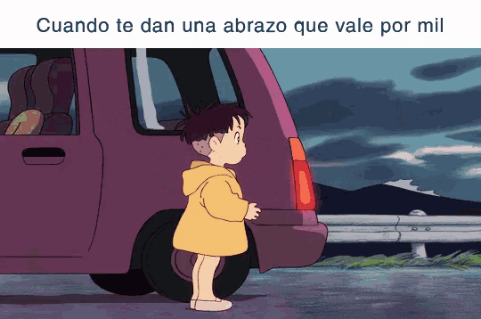 a cartoon of a girl standing next to a pink car with the words cuando te dan una abrazo que vale por mil