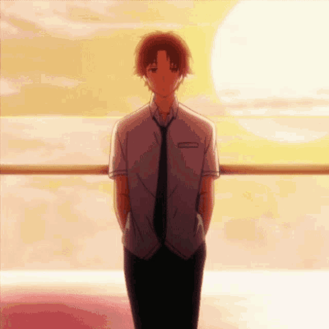 a man with his hands in his pockets is standing in front of a sunset