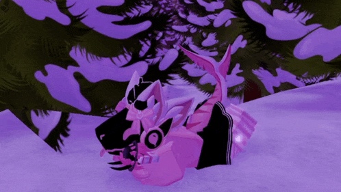 a cartoon character is laying in the snow with trees in the background