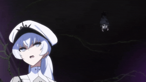 a girl with white hair and a black hat looks at a bat