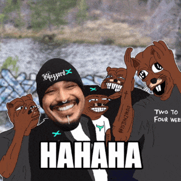 a man wearing a beanie with the word blizzard on it is surrounded by cartoon characters