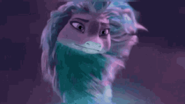 a close up of a cartoon dragon with its eyes closed and a purple and blue background .