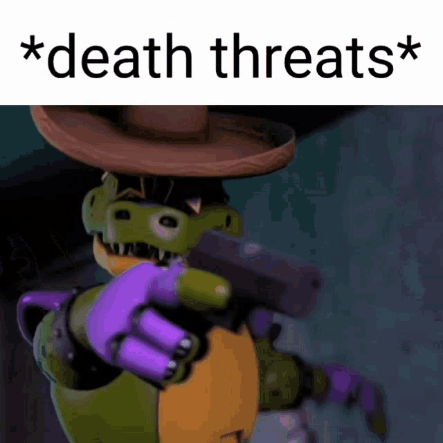 a cartoon character holding a gun with the words * death threats * written on the bottom