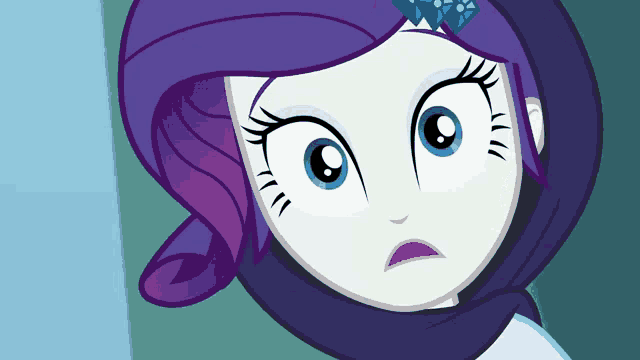 a cartoon character with purple hair and white eyes