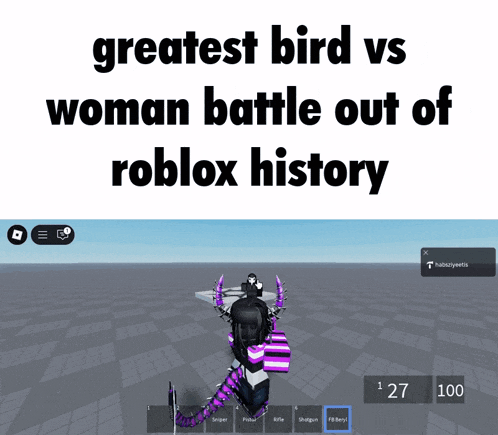 a screenshot of a video game with the words greatest bird vs woman battle out of roblox history