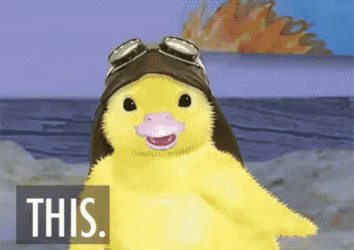 a yellow duck wearing a hat and goggles says " this "