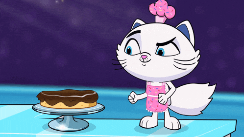 a cartoon cat is standing next to a cake on a table