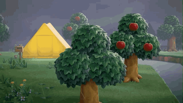 a yellow tent is in the background of a video game