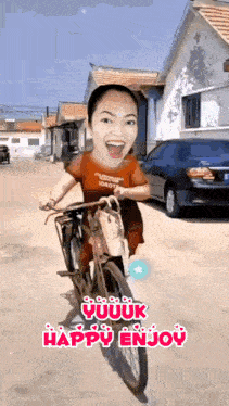 a cartoon of a woman riding a bike with the words " happy enjoy " above her