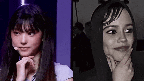 a black and white photo of a woman with a microphone next to a picture of a woman with a hood on her head .