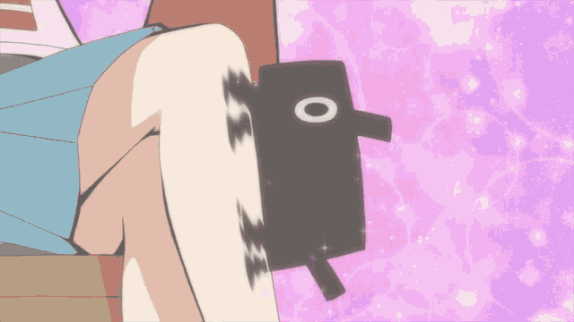 a cartoon drawing of a person 's leg with a black object with a white circle on it