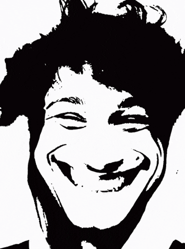 a black and white drawing of a man with a big smile
