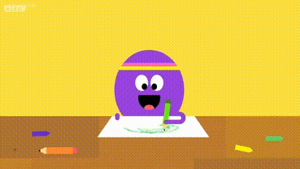 a purple cartoon character is sitting at a table holding a green pencil .