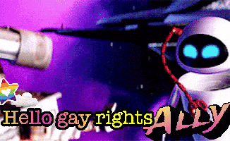 a purple background with a robot and the words hello gay rights ally on it