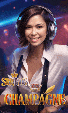 a woman wearing headphones and a white shirt with the word champagne on it
