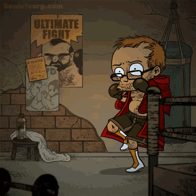 a cartoon of a man in a boxing ring with a poster that says ultimate fight
