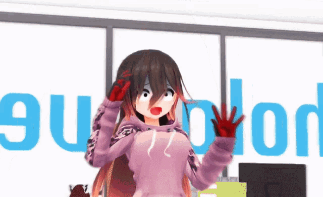 a girl in a purple hoodie is standing in front of a sign that says " 9uo "