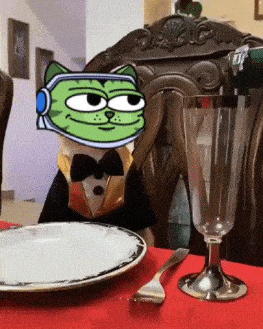 a cartoon cat wearing headphones sits at a table with a plate and glass