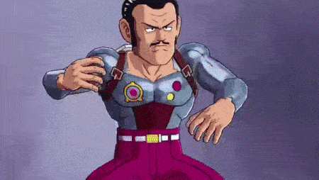 a pixel art drawing of a man with a mustache wearing a gray shirt and pink pants .