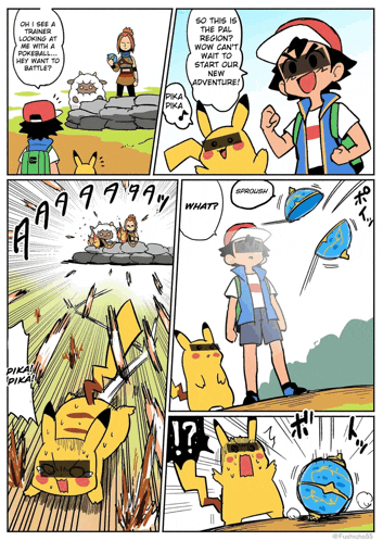 a cartoon of pikachu and ash looking at a rock