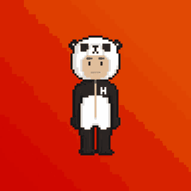 a pixel art of a person dressed as a panda bear with the letter h on his chest