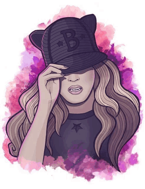 a drawing of a woman wearing a black hat with the letter b on it