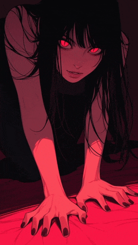 a girl with red eyes is crawling on the floor