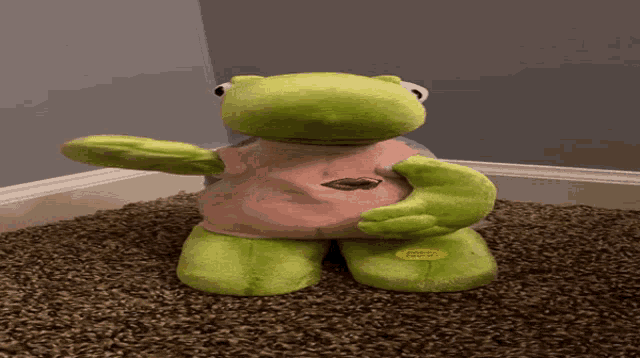 a green stuffed frog with a pink shirt on is sitting on the floor