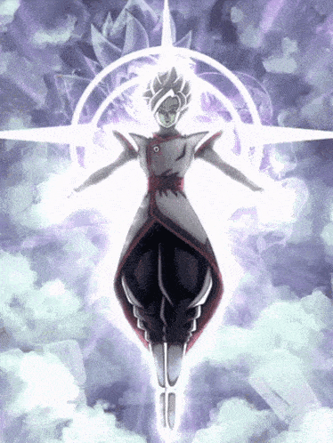 a cartoon character is flying through the air with a purple and white background