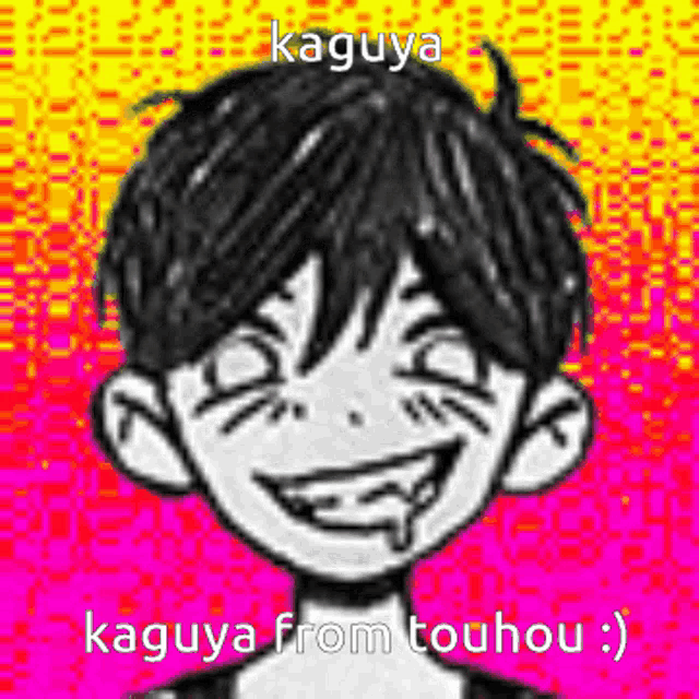 a black and white drawing of a boy with a smile on his face and the words `` kaguya from touhou '' .