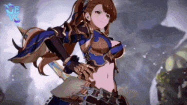 a girl in a blue dress is holding a sword in her hand in a video game .