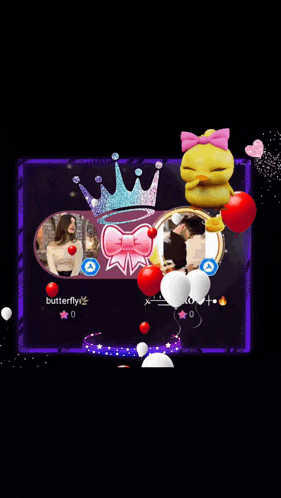 a picture of a girl and a duck with balloons and butterfly written on the bottom