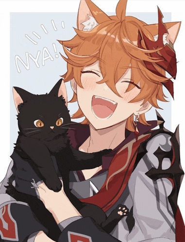 a drawing of a boy with cat ears holding a black cat with nya written above him