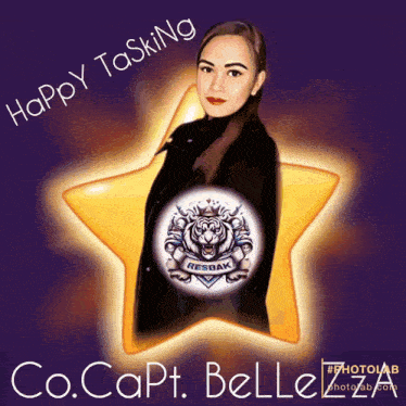 a picture of a woman in front of a star with the words happy tasking